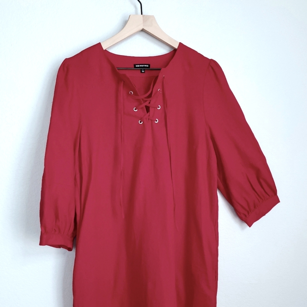 Who What Wear Linen Blend Red Balloon Puff Sleeves Dress, Medium - Picture 10 of 13